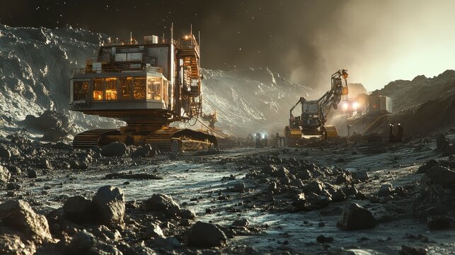 Futuristic Lunar Mining Operation on Moon Surface with Robots