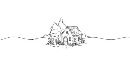 Hand-drawn illustration of a simple house with trees and landscape  