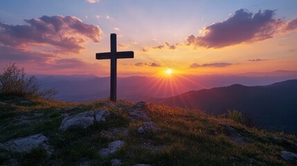 Sunset Over Mountain with Wooden Cross Silhouette Against Sky