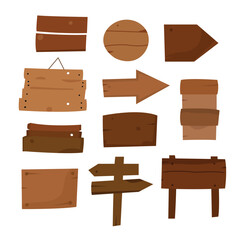 Set of cartoon wooden signs and planks in various shapes. Flat style on white background.
