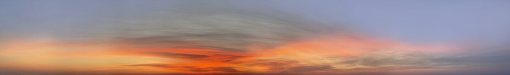 Panoramic sky with cloud and sun light. Nature background, skyline landscape