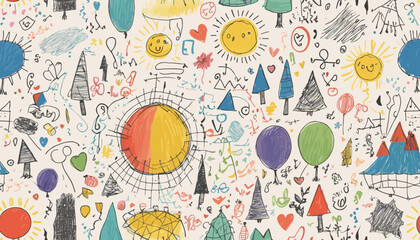 Colorful doodles of suns, trees, balloons, and playful shapes in a childlike artistic style with copy space