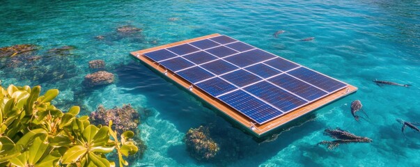 Floating solar panel in clear blue water with coral reef below.