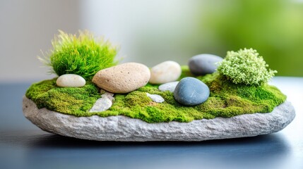 A decorative arrangement of stones and moss on a textured surface.