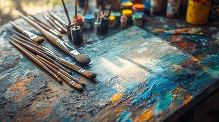 Vibrant Art Supplies on Wooden Table with Colorful Paints and Brushes