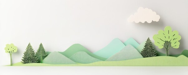 Illustration of mountains and trees with a minimalist design in pastel colors.