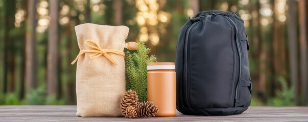 Outdoor camping gear arranged on a wooden surface with a blurred forest background.
