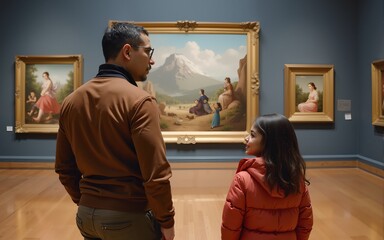 Man and his daughter visiting Art Museum. High quality