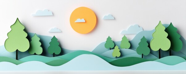 Colorful layered landscape with trees, mountains, and a sun backdrop.