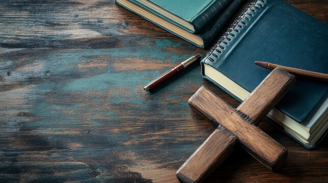 Wooden Cross with Notebooks and Pen on Rustic Wooden Table