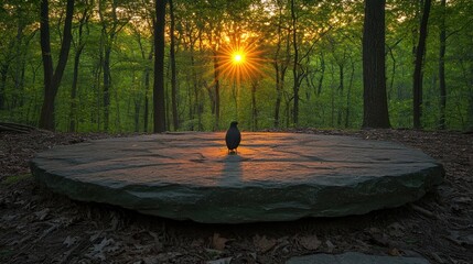 Bird on stone at sunrise in forest