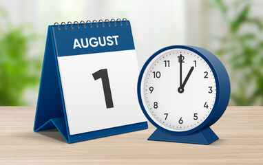 Date 1 August time 1 oclock. August 1 desk calendar and round table clock showing time 01 00. Realistic calendar and clock composition 3d illustration. Scheduled date and time planner design