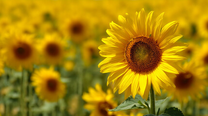 A vibrant sunflower blooms in a sunny field full of sunflowers.