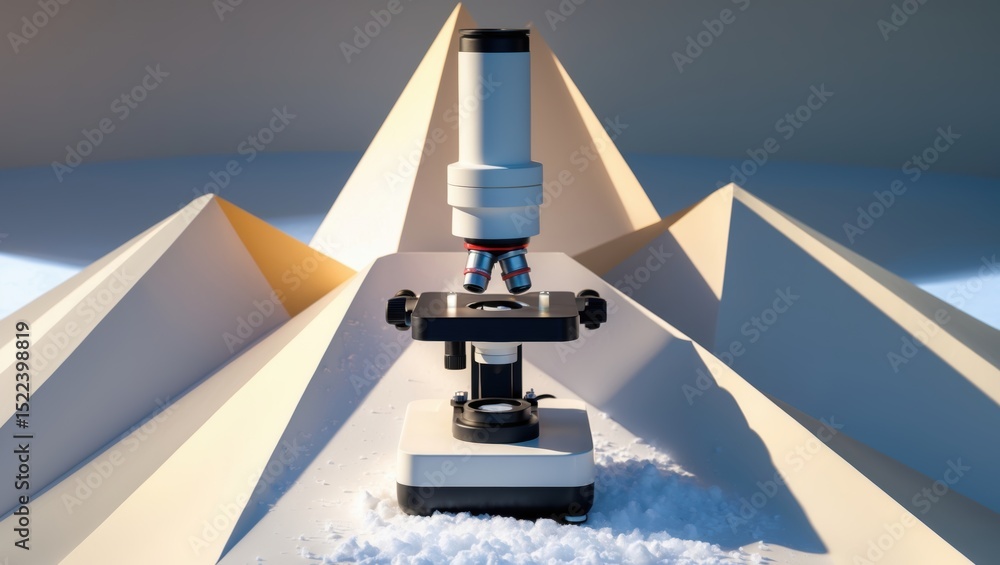 Poster a microscope placed on a textured surface surrounded by abstract snow-like peaks, illuminated with w