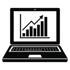 Laptop Icon Showing Financial Graph, Business Data Growth, Black and White Minimalist