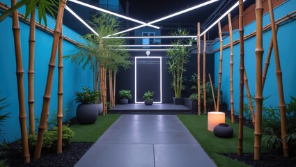 Modern garden pathway illuminated by LED lights with bamboo and tropical plants creating a tranquil atmosphere