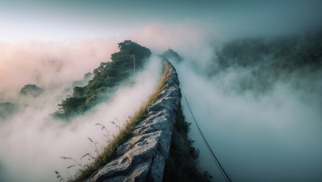 Mystical pathway lined with stones cordoned by fog and lush greenery, an ethereal morning atmosphere