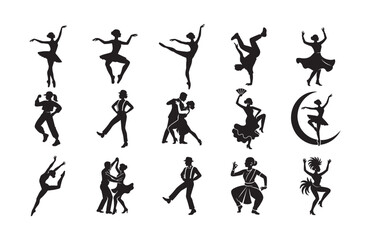 Dancing person or dance couple black silhouette design set, bundle of unique dancer logo icon or symbol clip art