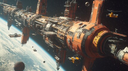 Futuristic Space Station Orbiting Planet with Spacecraft and Planets