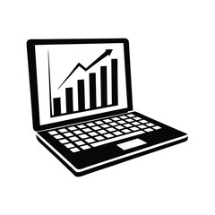 Black and White Laptop Showing a Bar Chart with Rising Trendline Icon Design