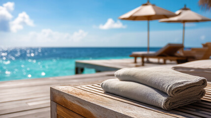 Obraz premium Beachside luxury: towels on wooden lounger with ocean view.