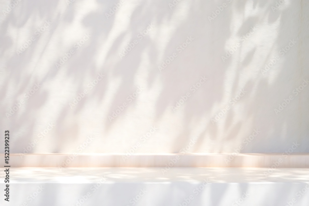 Poster minimalist product display podium with leaf shadows on a textured white wall background for presenta