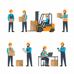 Warehouse workers, forklift, boxes, and logistics