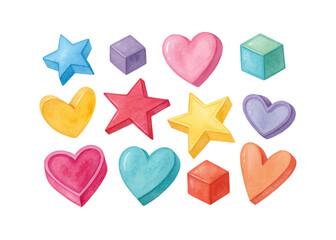 Watercolor collection featuring heart, star, and various geometric shapes with artistic textures and vibrant colors perfect for creative projects and abstract designs.