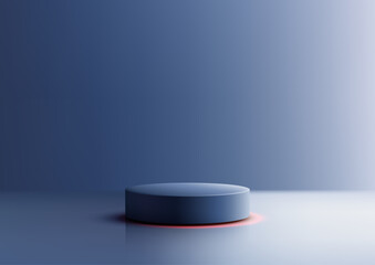 3d dark blue cylinder platform with red glow on reflective surface minimalist futuristic design