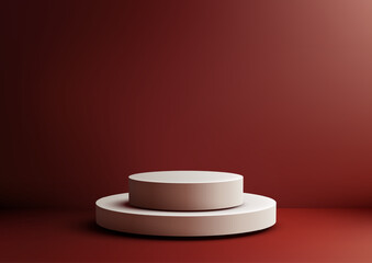 Bold minimalist 3D two tiered beige cylindrical podium on a dark red surface, luxury product display, mockup, or showroom showcase