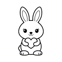 Cute bunny holding heart black and white cartoon illustration