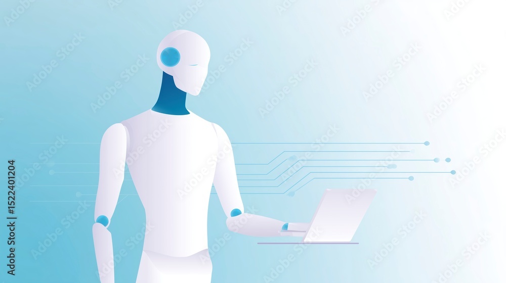 Poster futuristic humanoid robot with a sleek design is interacting with a laptop, showcasing advanced tech