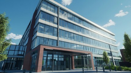 Fototapeta premium Modern Office Building Against a Clear Blue Sky