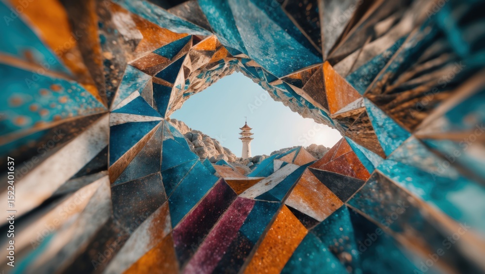 Poster vibrant geometric patterns create a colorful frame around a tower in the distance against a clear sk