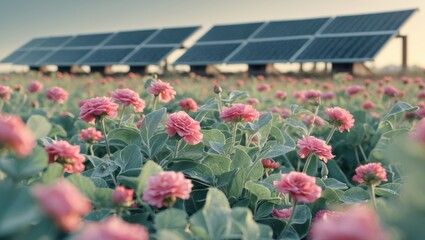 Naklejka premium Vibrant pink flowers with dew drops in a green field under solar panels reflecting sunlight, symbolizing sustainable energy and nature