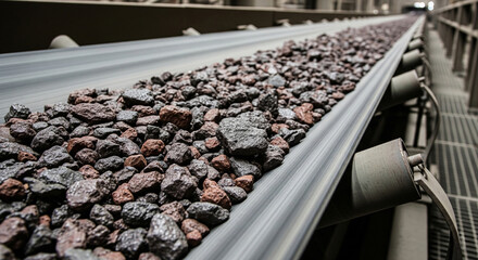 Close-up of ore on the conveyor belt of a beneficiation factory, the process of transporting minerals