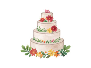 Watercolor birthday cake illustration on white background, featuring festive dessert details, perfect for celebration cards, party invitations, prints, and joyful decorative projects.