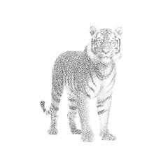 Tiger Dotwork Illustration – Black and White Stippling Vector Drawing of a Standing Tiger