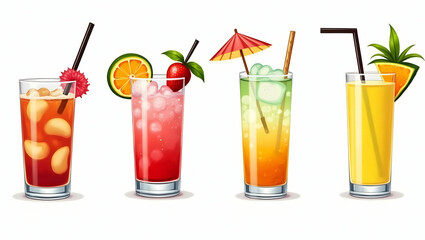 A set of four colorful and vibrant cocktail with transparent isolated backgrounds.