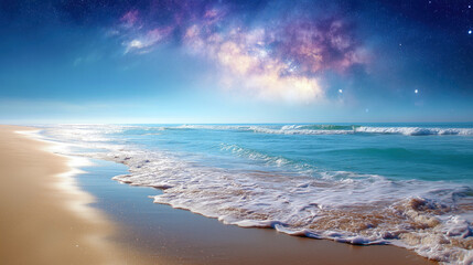 Stunning night sky over serene beach with gentle waves.