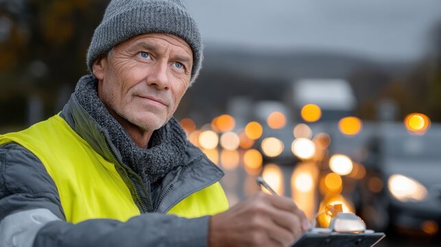 man wearing a reflective vest and a warm hat is intently reviewing notes as vehicles pass by at twilight. background features glowing traffic lights and a blurred urban setting