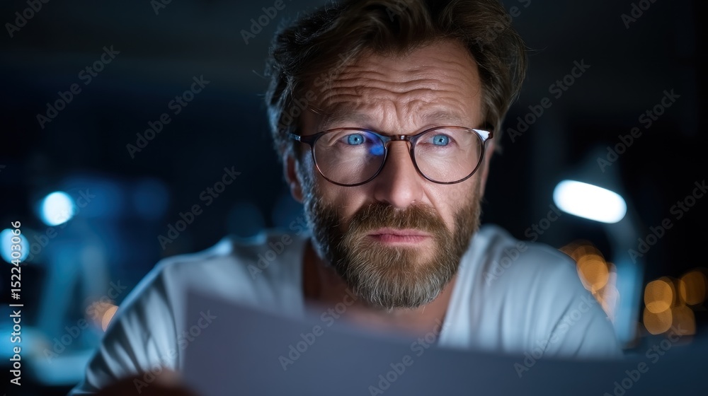 Poster man with glasses and a beard appears focused while reading documents in his home office. surrounding