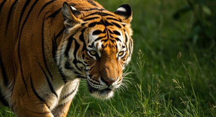 Close Up Portrait of a Tiger Walking Through Green Grass Field Showing Orange And Black Stripes in Natural Daylight