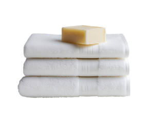 Stack of white towels with soap on top clean fresh bathroom hygiene spa