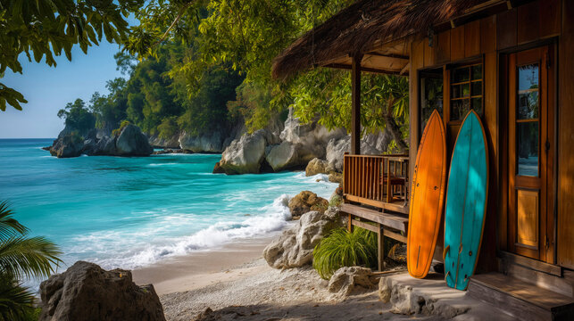 Tropical beach hut with surfboards by the turquoise ocean