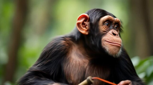 A playful chimpanzee with a mischievous grin holds a wooden slingshot, ready for action. Its expressive face and bright eyes convey curiosity and intelligence, set against a blurred natural background