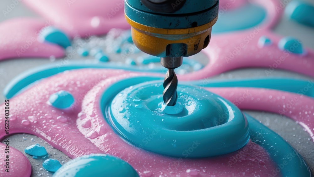 Poster a close-up view of a precision tool mixing vibrant pink and blue fluid, creating smooth swirls and d