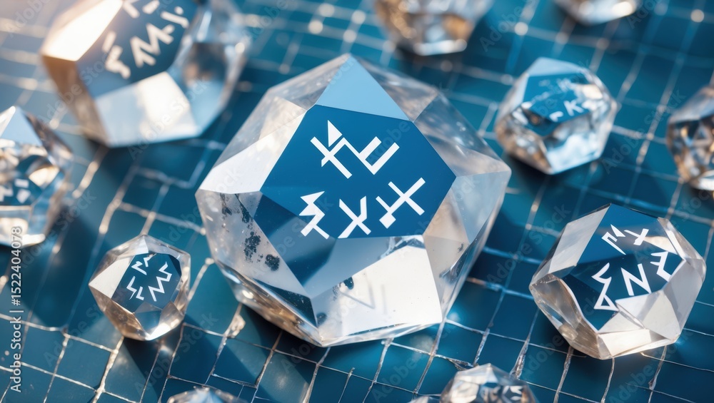 Poster a collection of transparent geometric crystals displaying intricate designs on a blue grid backgroun