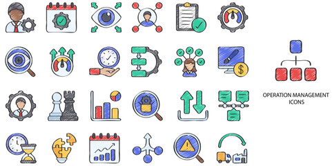 Operation Management simple concept 24 hand drawn color icons set. Vector illustration.	