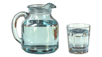 A glass pitcher filled with water and a glass next to it on a white background in a studio shot